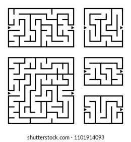 A set of square and rectangular labyrinths with entrance and exit. Simple flat vector illustration isolated on white background
