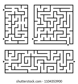 A set of square and rectangular labyrinths with entrance and exit. Simple flat vector illustration isolated on white background