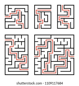 A set of square and rectangular labyrinths with entrance and exit. Simple flat vector illustration isolated on white background. With the answer