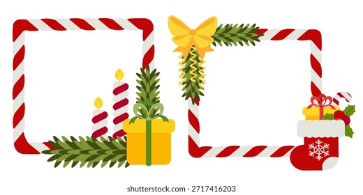 Set of square red and white candy cane frames decorated with festive Christmas elements. Perfect for holiday cards, banners, invitations, seasonal promotions, and winter designs