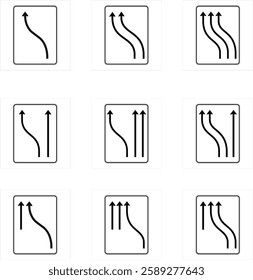 Set of square road signs representing different lane configurations for merging traffic on a divided highway.