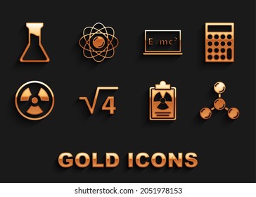 Set Square root of 4 glyph, Calculator, Molecule, Radiation warning document, Radioactive, Equation solution, Test tube and flask and Atom icon. Vector