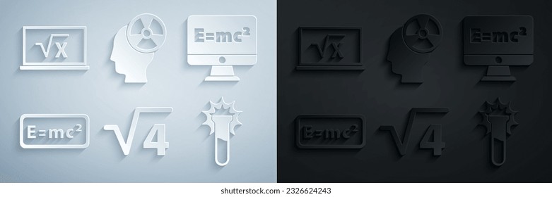 Set Square root of 4 glyph, Equation solution, Test tube and flask, Head radiation symbol and x icon. Vector