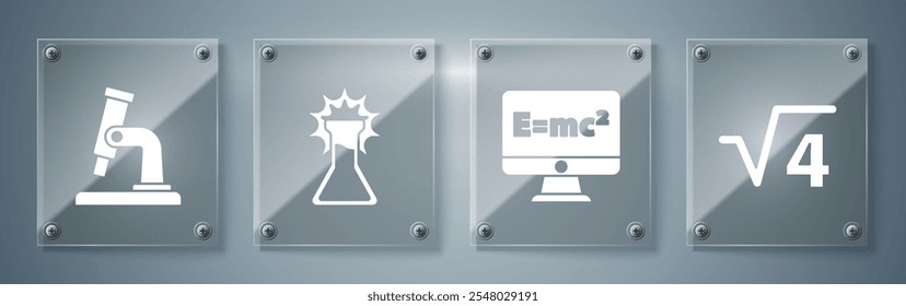 Set Square root of 4 glyph, Equation solution, Test tube and flask and Microscope. Square glass panels. Vector