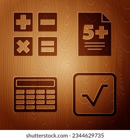 Set Square root, Calculator, Calculator and Test or exam sheet on wooden background. Vector