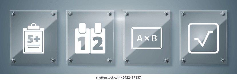 Set Square root, Chalkboard, Calendar and Test or exam sheet. Square glass panels. Vector