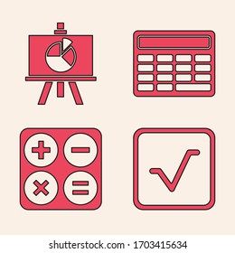 Set Square root, Chalkboard with diagram, Calculator and Calculator icon. Vector