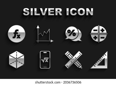 Set Square root of x glyph, Triangular ruler, Crossed and pencil, Geometric figure Cube, Discount percent tag, Function mathematical symbol and Graph, schedule, chart, diagram icon. Vector