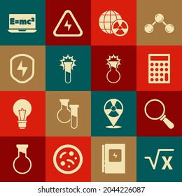 Set Square root of x glyph, Magnifying glass, Calculator, Planet earth and radiation, Test tube flask, Secure shield with lightning, Equation solution and  icon. Vector