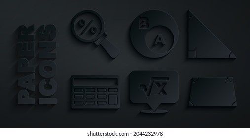 Set Square root of x glyph, Triangle math, Calculator, Acute trapezoid shape, Subsets, is subset b and Magnifying glass with percent icon. Vector