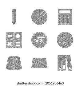 Set Square root of x glyph, Acute trapezoid shape, Office folders, Geometric figure Sphere, Calculator,  and Pencil icon. Vector