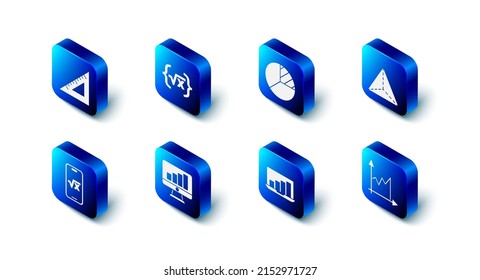 Establecer raíz cuadrada de x glifh, infografía de gráfico circular, figura geométrica Tetraedro, grafo, programación, gráfico, diagrama, laptop con, monitor de computadora e icono de regla triangular. Vector