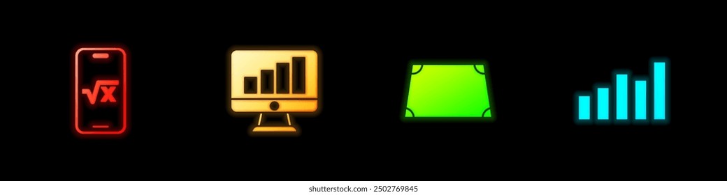 Set Square root of x glyph, Computer monitor with graph chart, Acute trapezoid shape and Graph, schedule, diagram icon. Vector