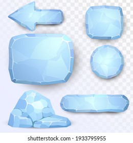 Set of square and round buttons and an arrow made from ice
