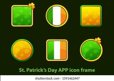 Set of square, round icons with clover and flag of Ireland. Icons for St. Patrick's Day in March on a green background.