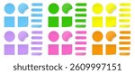 Set of square and round paper stickers. Blue, green, yellow, purple, pink and orange stick in notes. Sheets of paper. Tag, sticky note. Pointed bookmarks	
