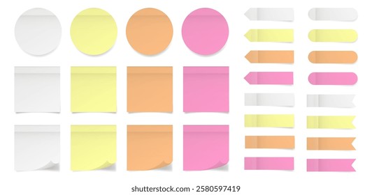 Set of square and round paper stickers. Stick in notes. White, yellow, pink and orange colors. Multicolor post it notes. Sheets of paper. Tag, sticky note. Pointed bookmarks