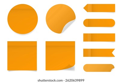 Set of square and round paper stickers. Orange stick in notes. Post it notes. Sheets of paper. Tag, sticky note. Pointed bookmarks	
