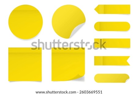 Set of square and round paper stickers. Yellow stick in notes. Post it notes. Sheets of paper. Tag, sticky note. Pointed bookmarks	