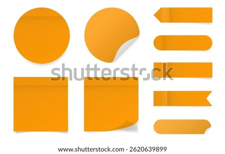 Set of square and round paper stickers. Orange stick in notes. Post it notes. Sheets of paper. Tag, sticky note. Pointed bookmarks	

