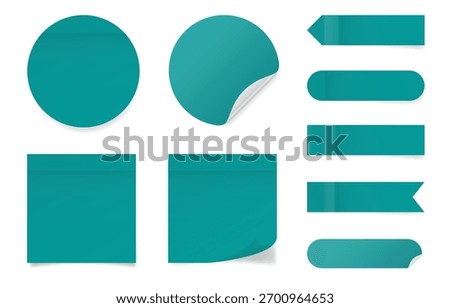Set of square and round paper stickers. Teal green stick in notes. Post it notes. Sheets of paper. Tag, sticky note. Pointed bookmarks