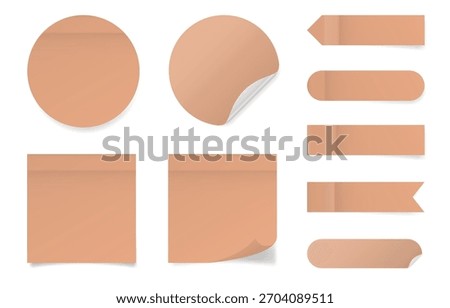 Set of square and round paper stickers. Beige stick in notes. Post it notes. Sheets of paper. Tag, sticky note. Pointed bookmarks