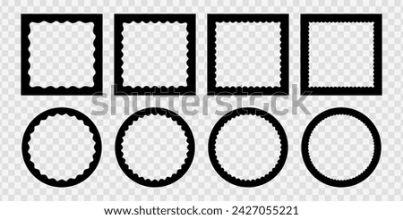 Set of square and round photo or picture frames with wavy inner borders. Text box frameworks. Decoration design elements isolated on white background. Vector graphic illustration.