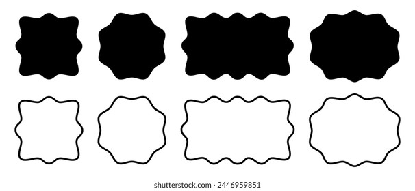 Set of square, round, rectangle and oval frames with wiggly edges. Shapes with wavy borders. Mirror, picture or photo frames, empty text boxes, tags or labels templates. Vector graphic illustration.