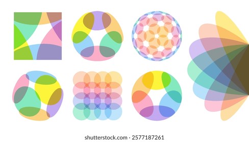 Set of square and round shapes created from overlapping translucent elements. Abstract geometric design. Vector illustration for brochure, banner, cover, postcard, flyer or presentation.