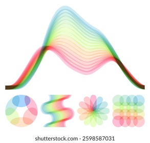 Set of square and round shapes created from overlapping translucent elements. A wavy signal waveform. Abstract geometric design. Vector for brochure, banner, cover, postcard, flyer or presentation.