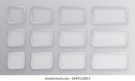 Conjunto de placas de vidro quadradas, de retângulo arredondado e de retângulo criando quadros transparentes vetoriais. Elementos de vidro líquido em branco para design de interface do usuário do ux.
