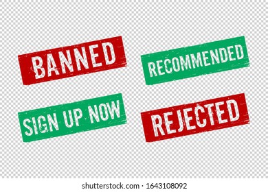 Set of square rubber seal stamp on transparent background. Banned. Recommended. Sign up now. Rejected. Vector illustration
