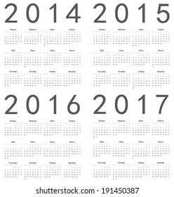 Set of square russian 2014, 2015, 2016, 2017 year vector calendars.