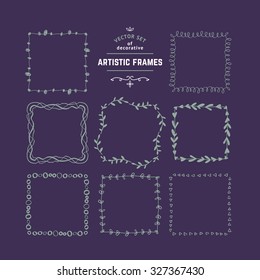 Set of Square Scribble Frames. Hand Drawn Floral Decorative Ornaments. Vector Whimsical Borders for Logos, Badges and Labels Design.