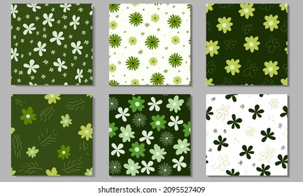 Set of square seamless floral backgrounds. Green endless illustrations in naive style. Vector. Eps 10.