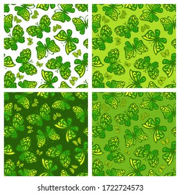 
Set of square seamless patterns with butterflies. Different shades of green on a white and dark background. Summer or spring theme. Vector repeating texture for the design of wallpaper or fabrics.