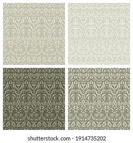 Set of square seamless patterns with classic floral designs. Abstract plants, flowers, leaves, curls. Light gray, brown, beige colors. Endlessly repeating texture for wallpapers, backgrounds, textiles