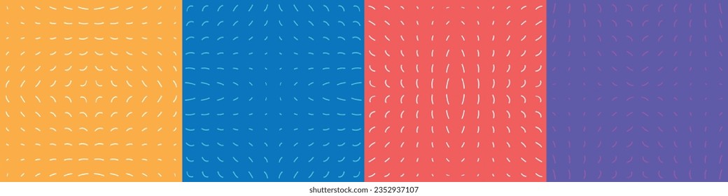 Set of square seamless symmetrical patterns with small line art handdrawn dashes. Abstract doodle background for desktop wallpaper, screensaver, website, web. Red, yellow, purple, lilac, blue colors