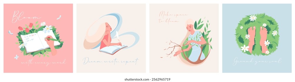 Set of square self-love cards featuring hand-lettered inspirational quotes, delicate illustrations of nature and mindful activities. Soft pastel colors and a calming aesthetic evoke a sense of peace