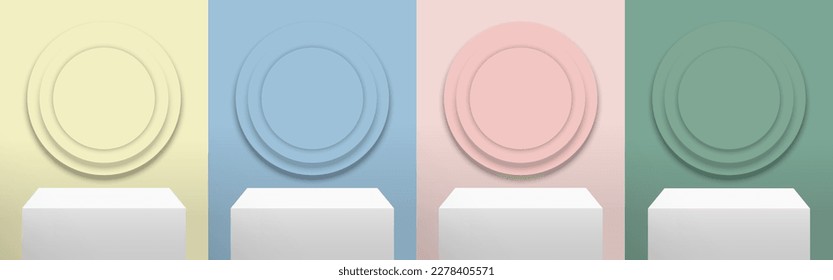 Set of Square shape stage for display with Round embossed wall on Soft yellow, blue, pink, and green background. Minimal style. Vector illustration.
