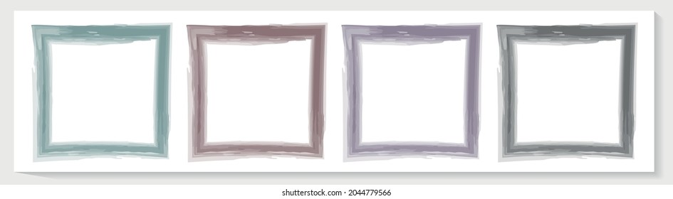 Set of square shape watercolor frames. Colors green, brown, purple, black on a white background. Frames for photographs, decor, printing, presentations of postcards. Vector illustration.