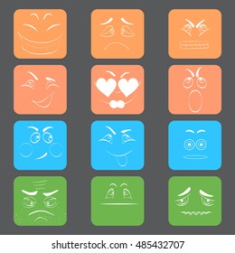 Set of Square Shaped Color Emoticons. Set of Smileys. Doodle Style