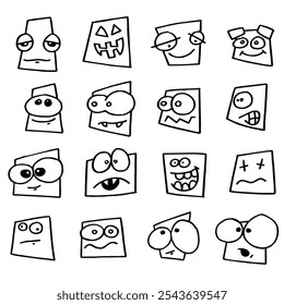 Set of square shaped Doodle Emoticon Face Icons. Hand Drawn Sketch Emojis with Different Emotions and Moods., Abstract, facial images, various emotions, retro colors, fun, illustrations, vectors