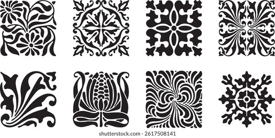 Set of square shaped ornamental elements. Vintage style. Isolated on white background. 
