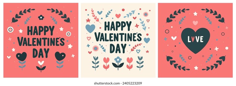 Juego de cartas cuadradas en forma de San Valentín. Tarjeta de felicitación vectorial con el texto "Feliz Día de San Valentín" como regalo, para imprimir y enviar por correo