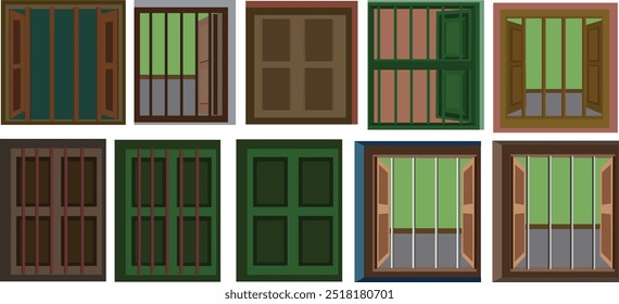 Set of square shaped wooden windows. Windows collection open and closed design.Isolated on white background 