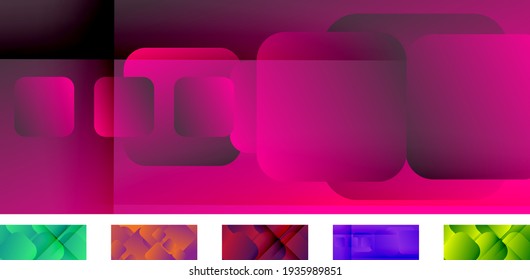 Set of square shapes composition geometric abstract backgrounds. 3D shadow effects and fluid gradients. Modern overlapping forms