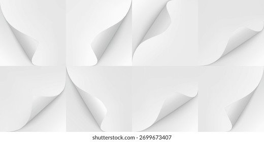 Conjunto de folhas quadradas de papel branco com cantos curvos, formas diferentes, com sombras. Montagem realista, para publicidade, quadros, rótulos. Ilustração vetorial.