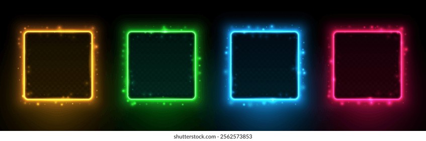 Set of square shining neon frames with futuristic highlights isolated on black background. Vector 3d illustration.