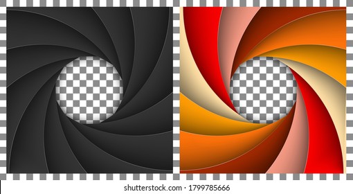 Set of square shutter aperture. Classic black and multicolor backgrounds isolated on a transparent backdrop. Vector illustration.